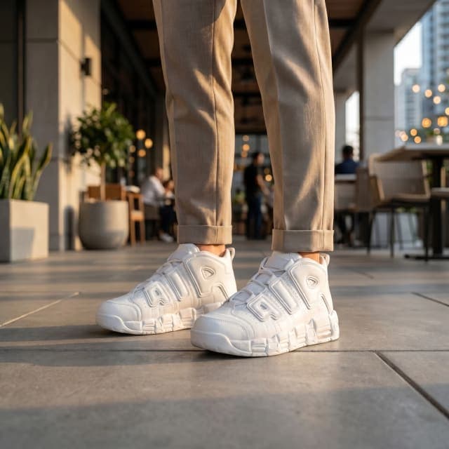 Modelo con Adidas Nike Air More Uptempo