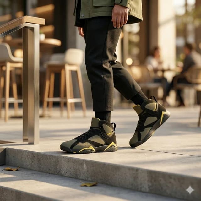 Modelo con Jordan Air Jordan 7 Retro "Olive/Yellow" - Caña media alta